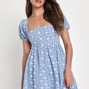 Lulus Fit To Frolic Blue Eyelet Lace Puff Sleeve Babydoll Dress - Size S